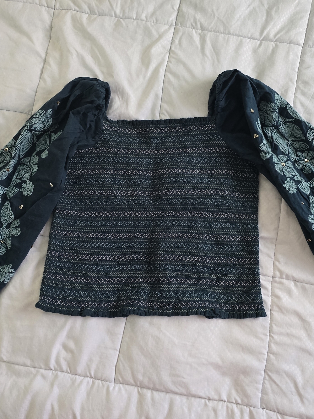 Anthropologie - Size XL Navy Smocked Top with Embroidered Puff Sleeves